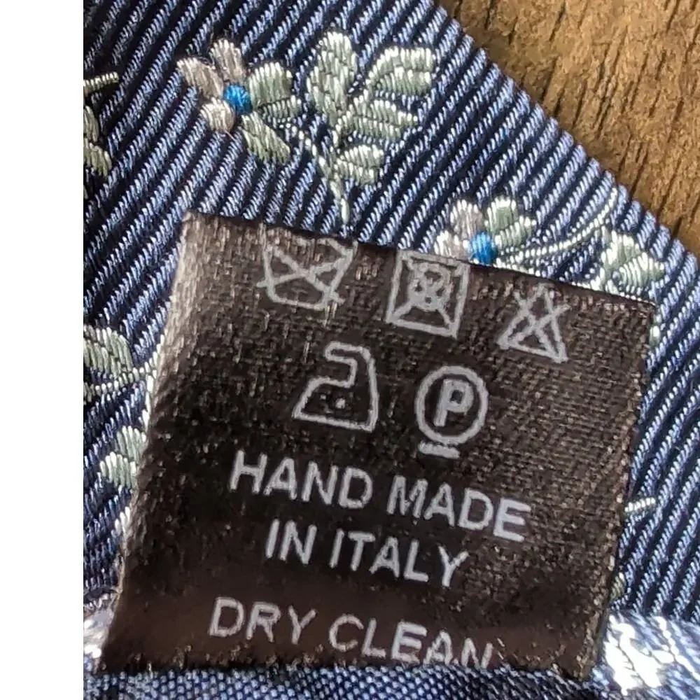 Paul Fredrick 100% Silk Men's Neck Tie Navy Blue Silver Floral Hand Made Italy